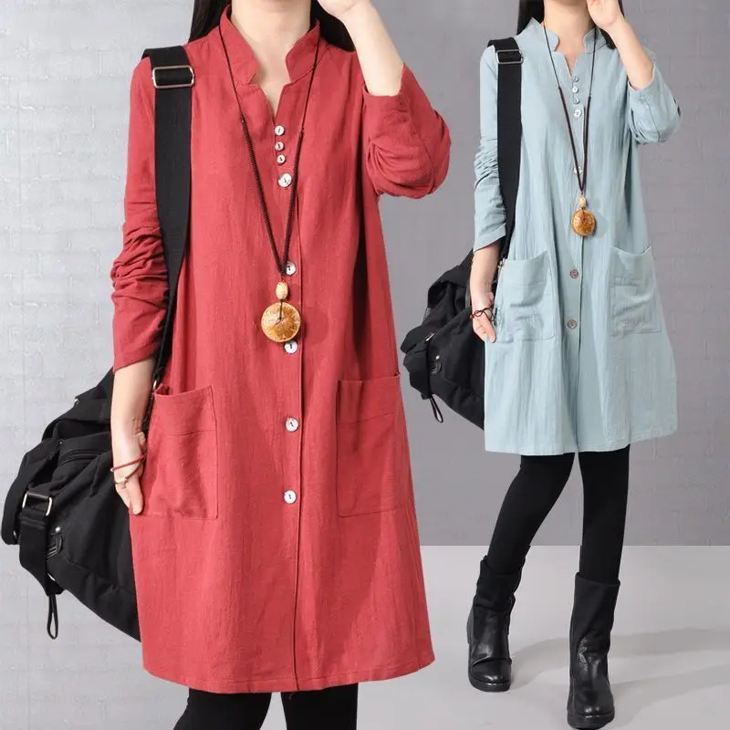 Women Windbreaker Cotton Shirt Single-breasted Long Sleeve Mid-length Blouse Tops Women Clothing Vintage Korean Chic Coat Solid