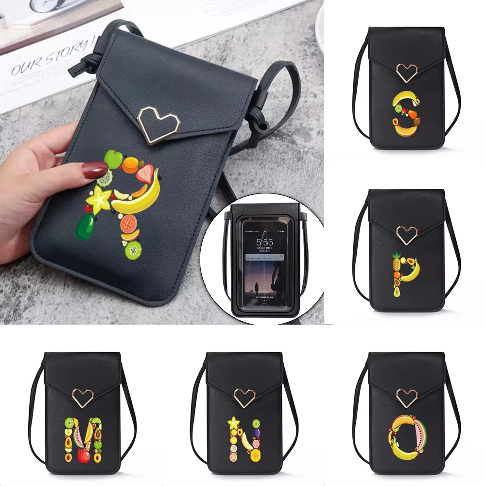 

Mobile Phone Protective Bag Purse Vertical Travel Shoulder Bags Fruit Initial Name Series Women Mini Cross Leisure Wallet Pouch