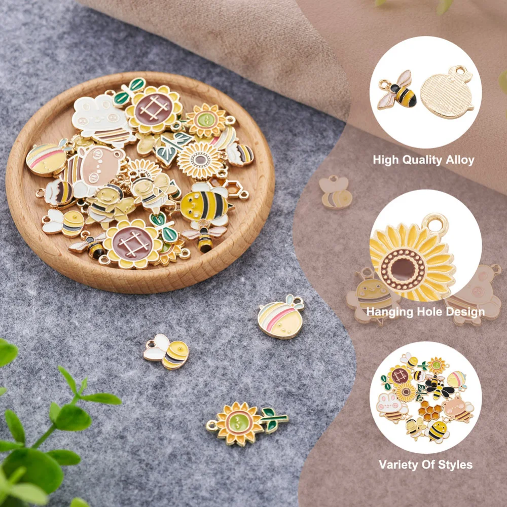 52Pcs Spring Enamel Charms Sunflower Cute Bee Honeycomb Enamel Pendants for Necklace Bracelet Dangle Charms DIY Jewelry Findings