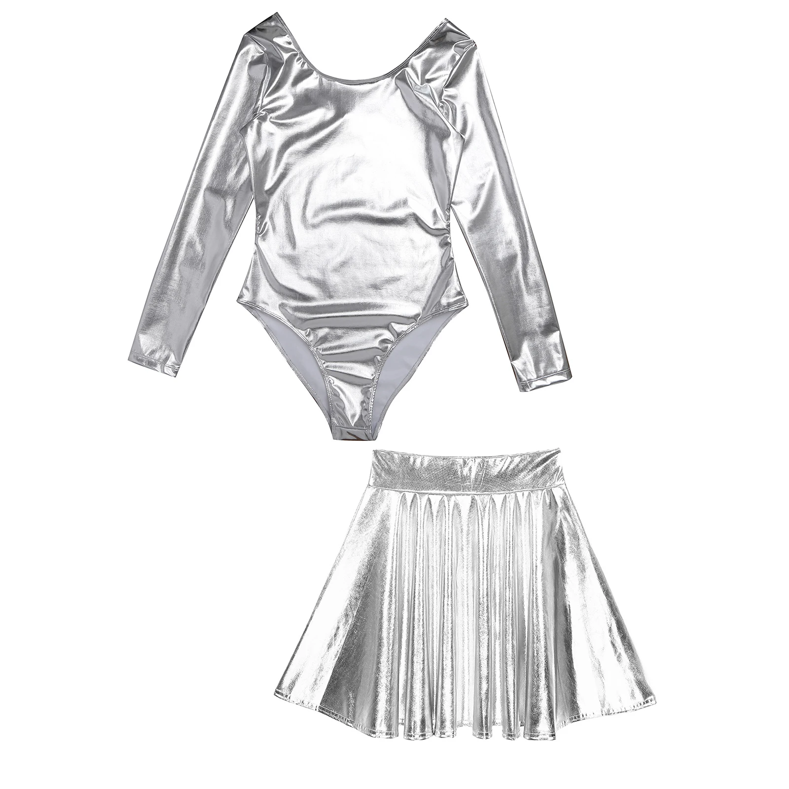 Damen glänzend metallisch Langarm Rundhals Trikot mit hoher Taille Flare Rock Party Musik Festival Tanz Performance Clubwear – Detail 27