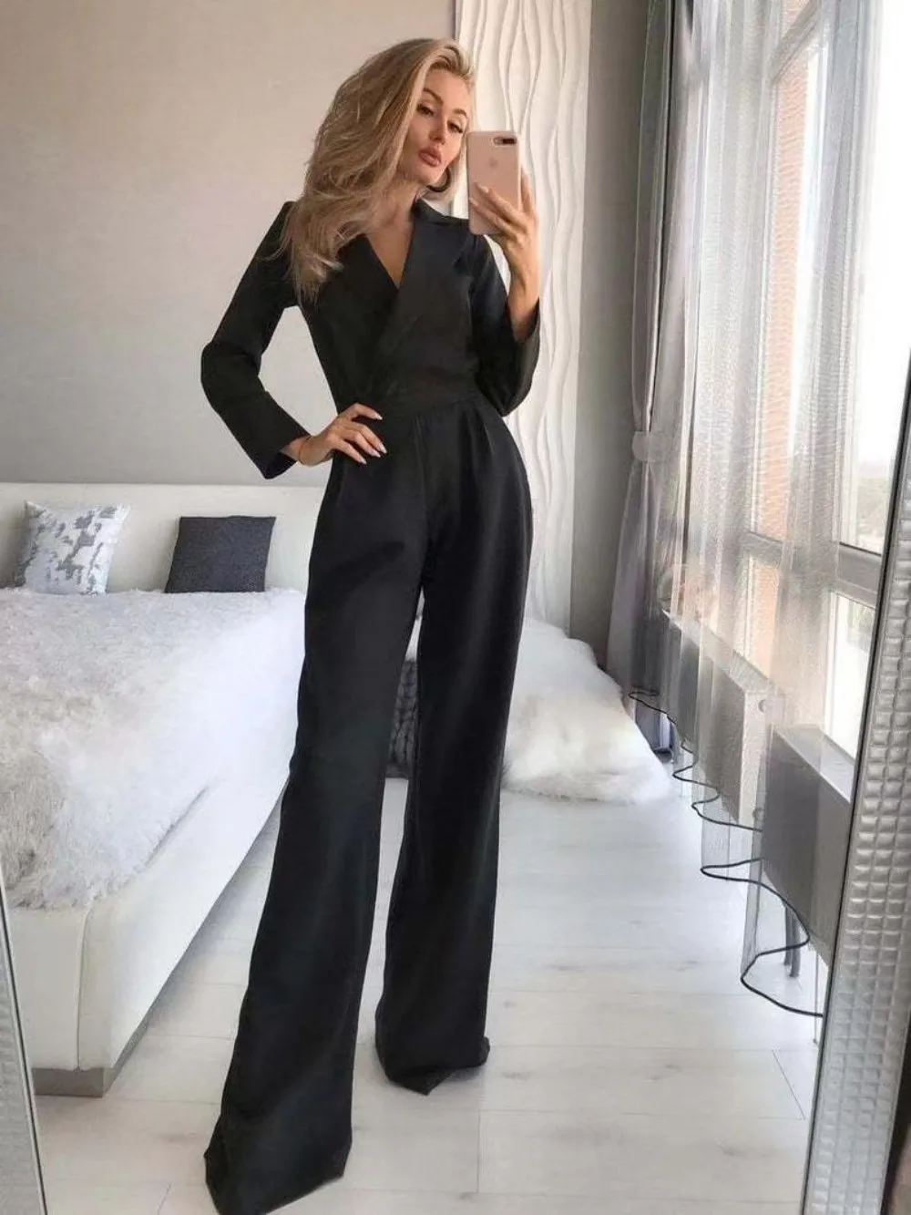 Fashion Long Sleeve Ladies Office Wear Jumpsuit Casual High Waist V-Neck Strap Slim Straight Wide Leg Pants Women'S Jumpsuit Rom