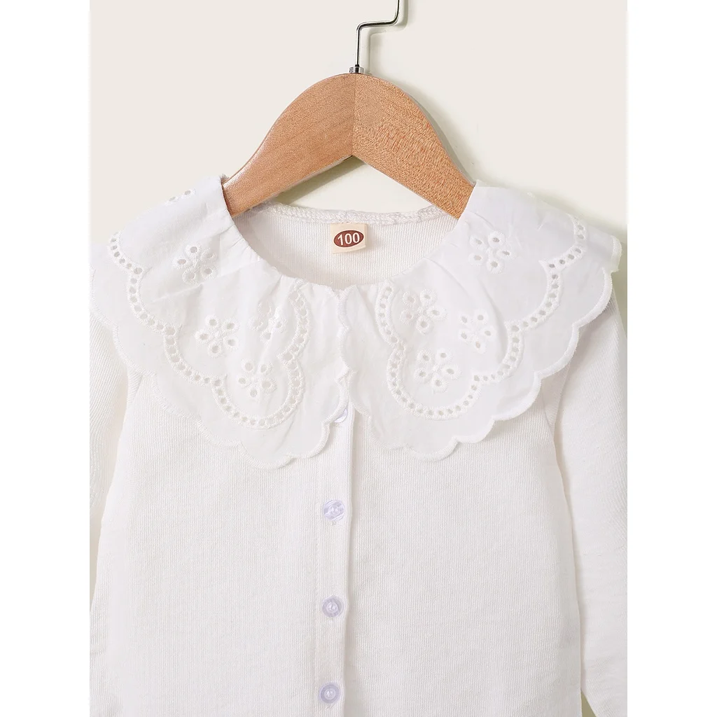 Kinder Mädchen 1-6Y Taste T-shirt Hohl Spitze Kragen Weiß Lange Ärmeln Schöne Koreanische Version Top Herbst Kleinkind Mädchen kleidung – Detail 3