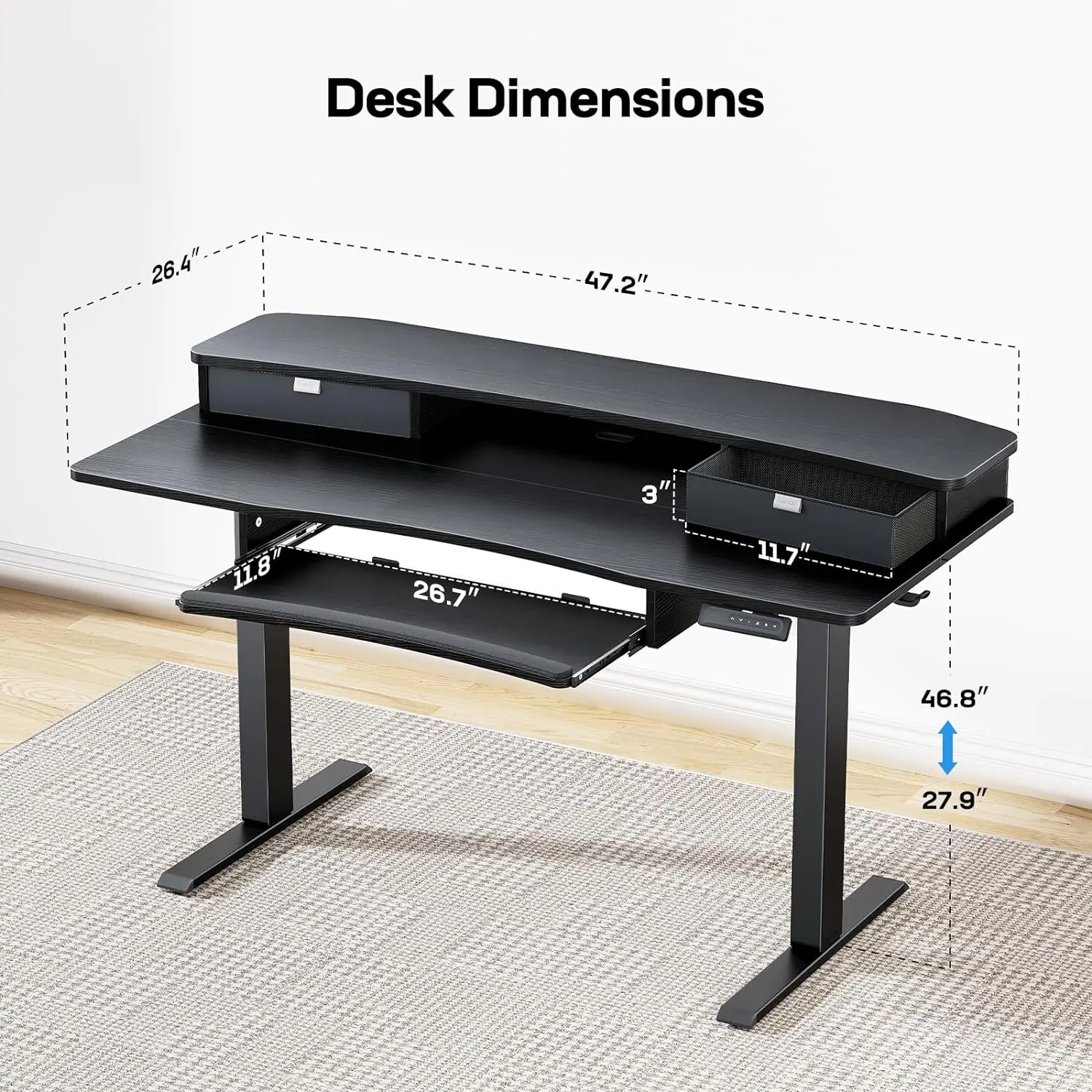HUANUO 48" x 26" Electric Standing Desk with 2 Drawers & 26.7" Large Keyboard Tray