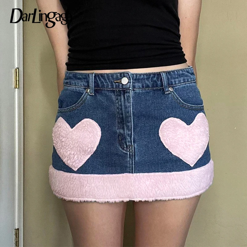 

Darlingaga Korean Fashion Sweet Denim Skirt Heart Pattern Fluffy Patchwork Japanese Y2K Mini Skirt Girls Preppy Style Cutecore