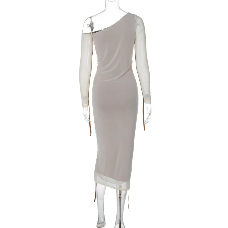 White Mesh Off-Shoulder Maxi Dress Female Long Sleeve Patchwork Fashion Contrast Summer Backless Ladies Party Long Dress