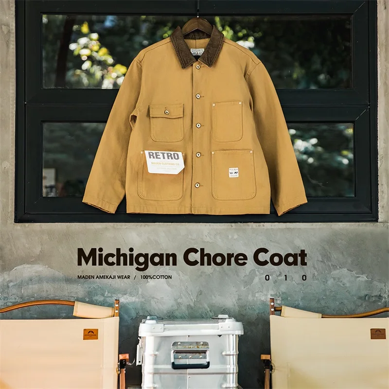 Maden Women's Vintage Michigan Canvas Jacket Classic Corduroy Lapel Collar with 4 Pockets Female Autumn Jacket Cotton Coat 3