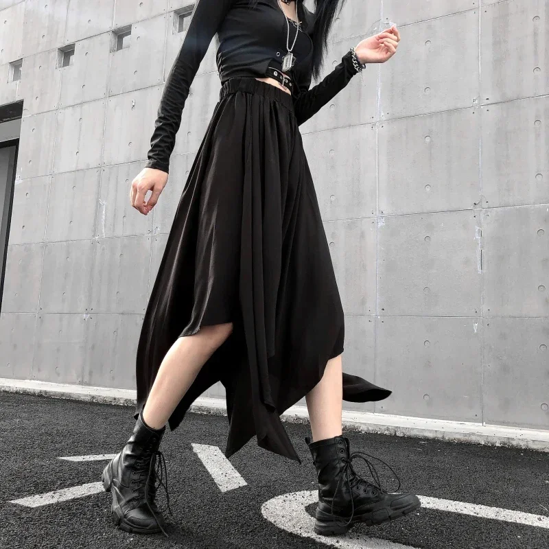 New Women's Dark Black Irregular High Waist Skirt Goth Punk
