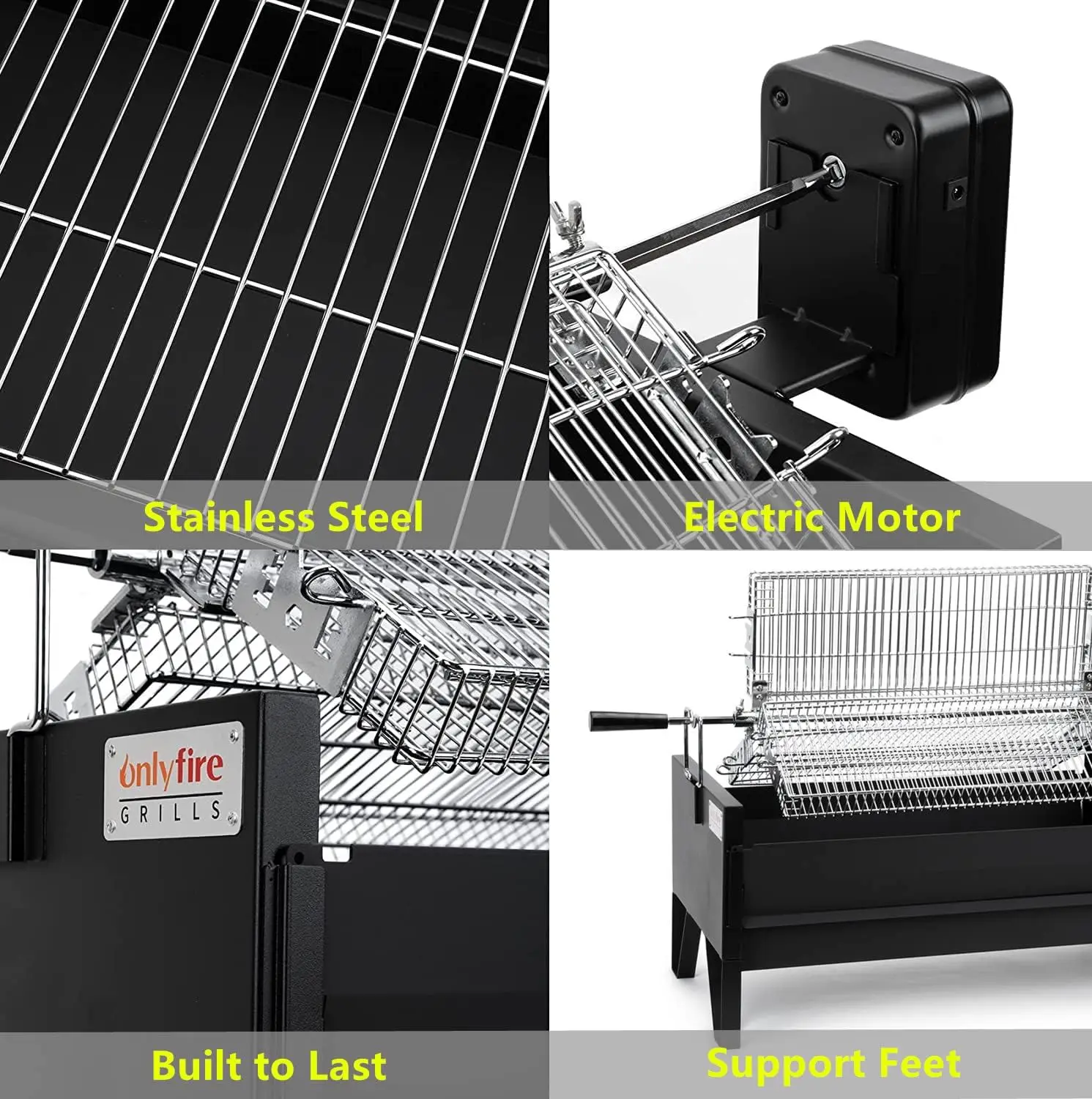 Charcoal Grill Rotisserie Kit with 3 Stainless Steel Rotating Baskets and 24 In Grill Grate, Auto Swivel BBQ Roasting Machine fo 4