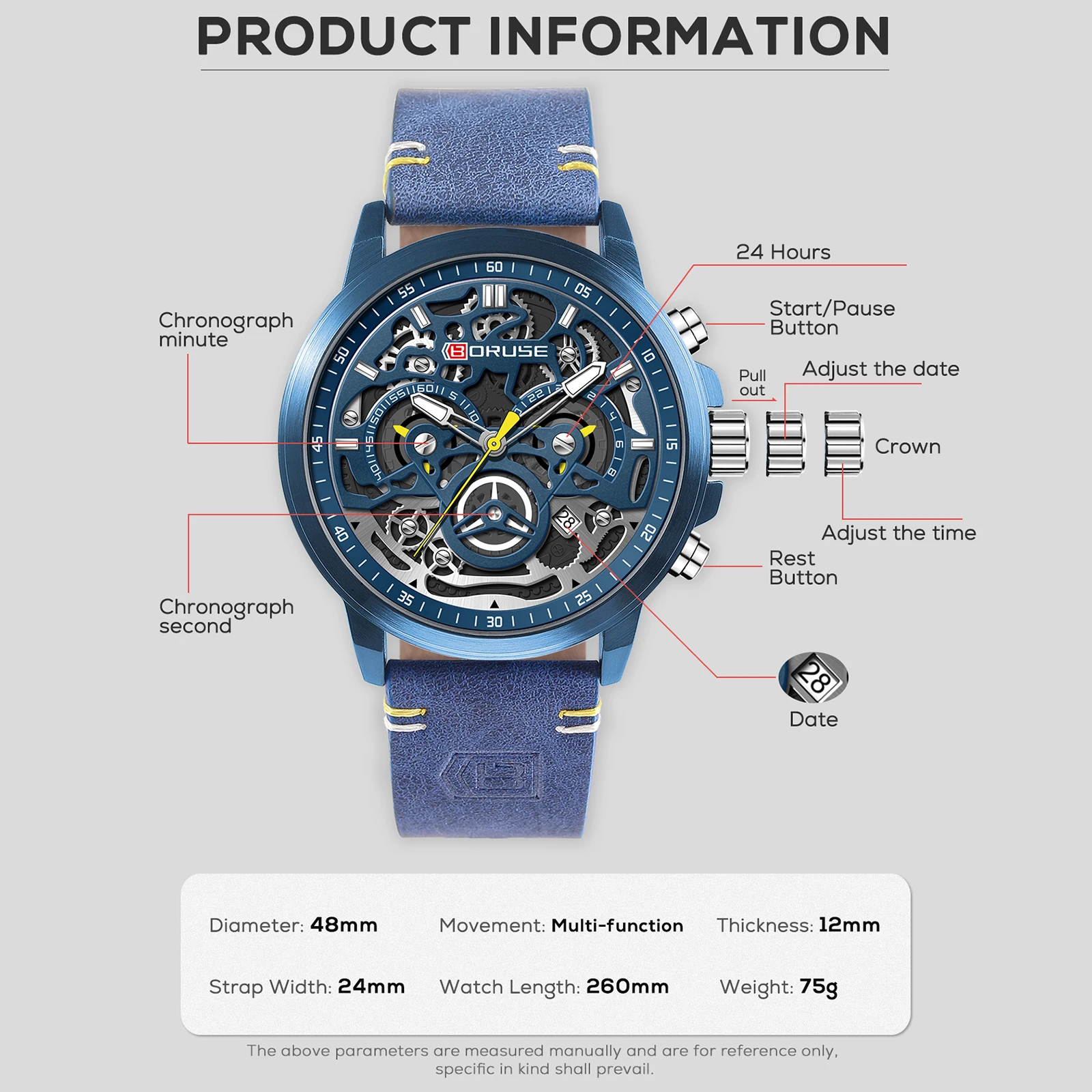 BORUSE Men Business Quartz Watches Luxury Watch Stainless Steel Waterproof Sports Leather Watch Luminous Clock Relogio Masculino