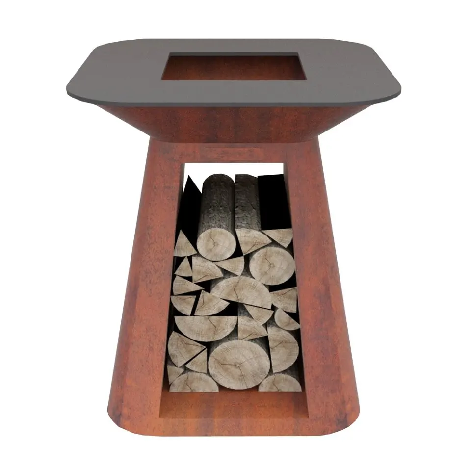 Focolare Da Esterno In Acciaio Corten Con Griglia Per Barbecue Griglia In Legno Bbq