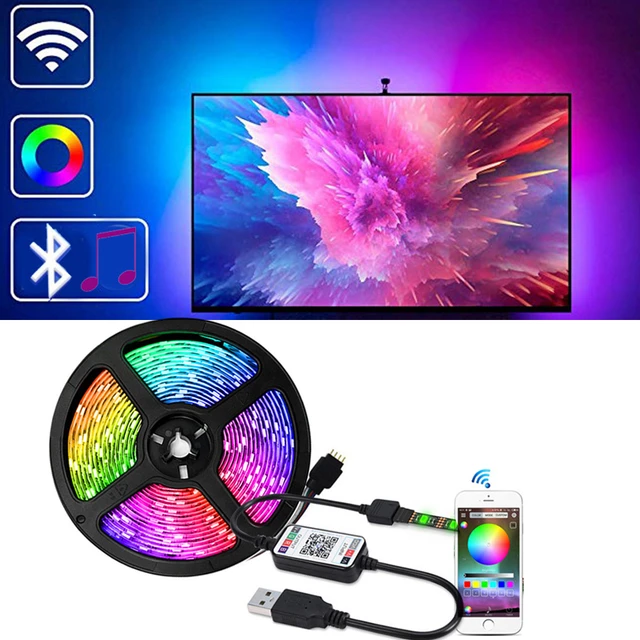 Tira de luces LED USB para decoración de habitación, cinta Flexible de  diodos para retroiluminación de TV, sincronización de música, Bluetooth,  5V, RGB 5050 - AliExpress