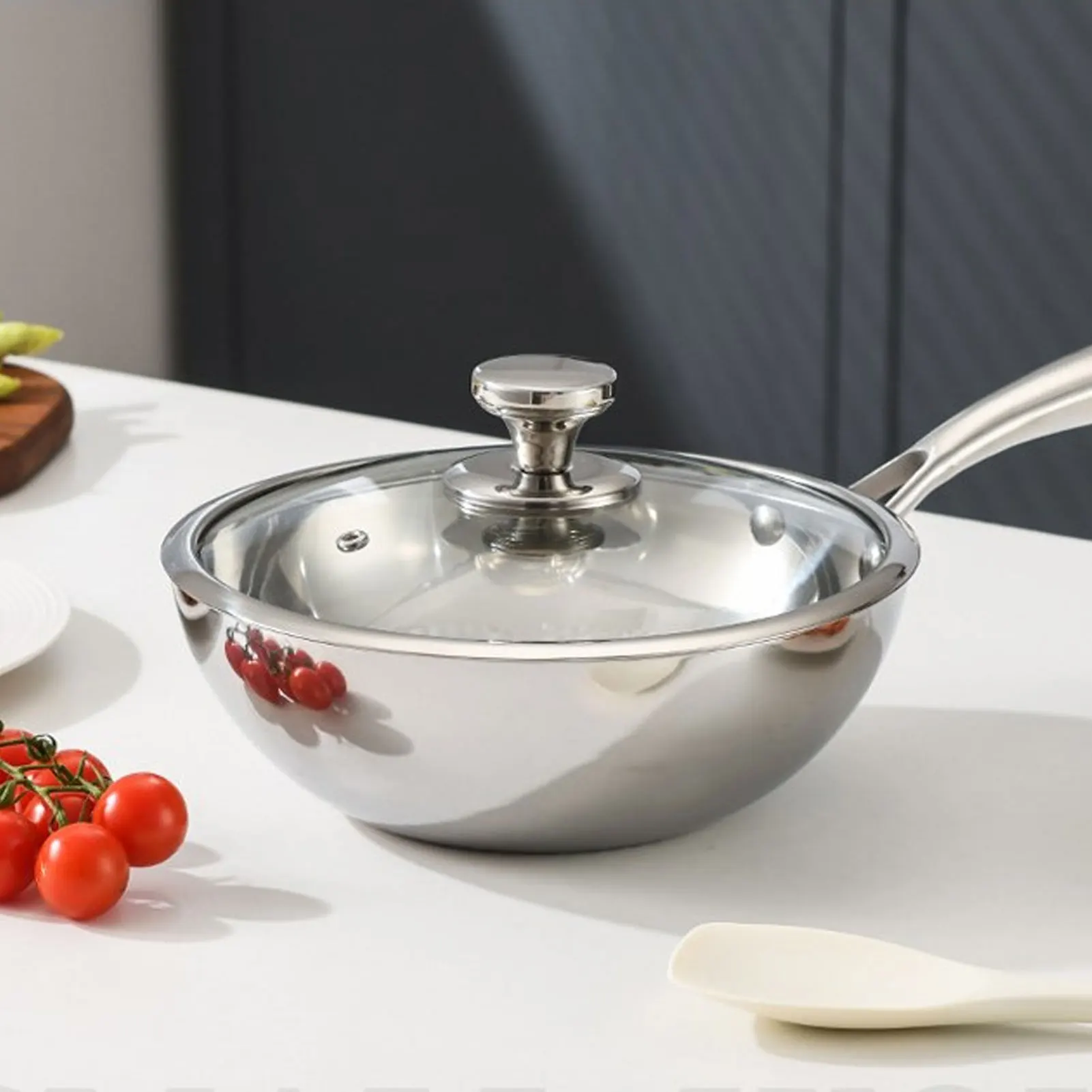 Stir Fry Pan Stainless Steel Frying Pan Healthy Triple Layer Even Heating Prevents Stick Professional Hammer Grain for Kitchen