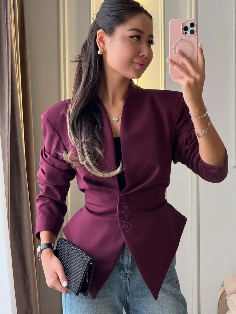 Chic Solid V-Neck Waist-Cinched Pleated Single-Breasted Tie-Up Full-Sleeve Autumn Jacket — photo 1