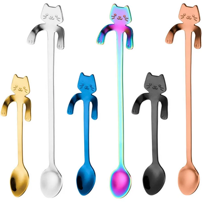 

6pcs Cat Spoon Stainless Steel Hanging Cup Tea Spoon Coffee Teaspoon Dessert Scoop For Stirring Drink Mixing Milkshake Jam