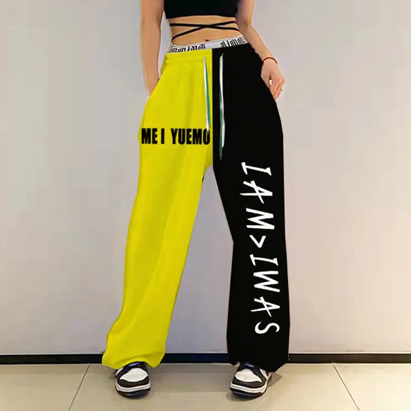 2023 New Fashion Trend High Waist Lace Up Letter Printing Panel Contrast Street Dance Hip Hop Jazz Loose Haul Dance Leggings