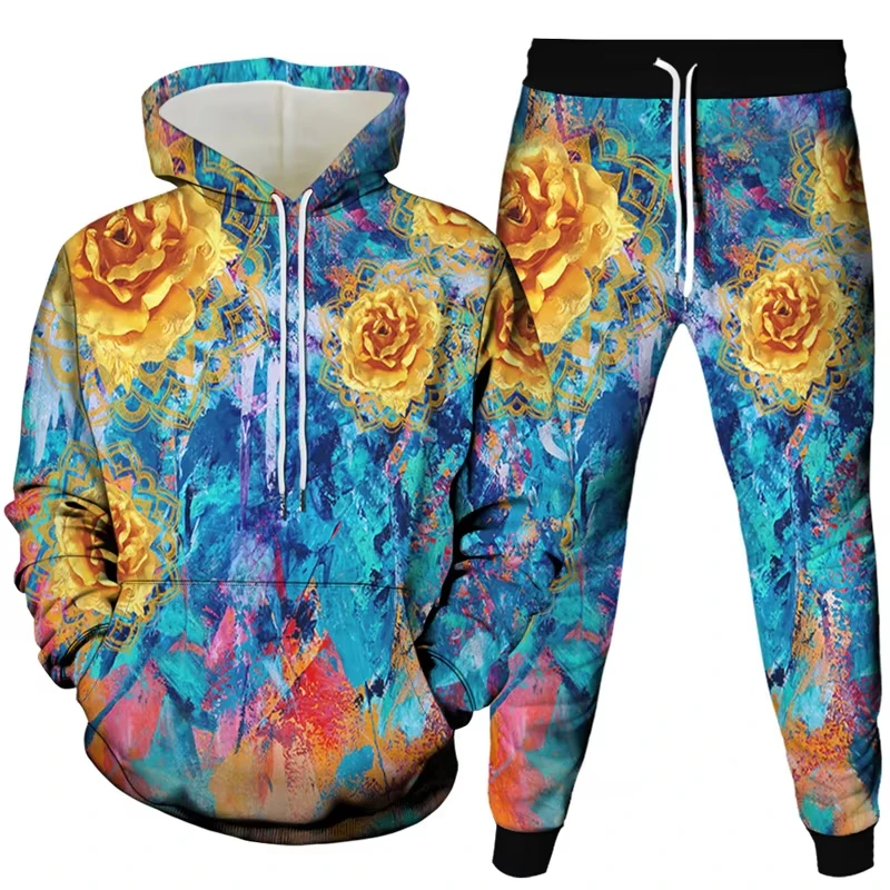 빈티지 하라주쿠 스타일 남성 여성 Tracksuit 의류 Florial Bird Snake Rose Print Sportwear 후드 + 조깅 바지 2Pcs 세트