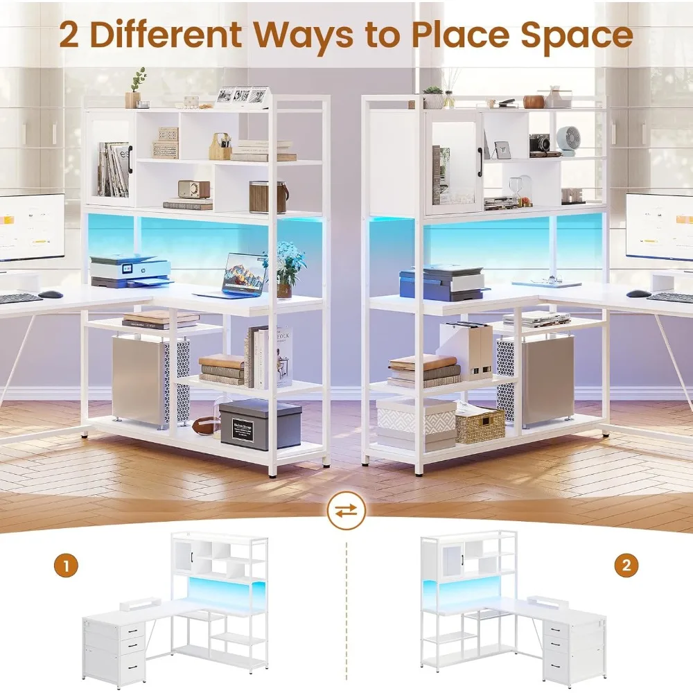 L Shaped Computer Desk, 58'' Office Desk with 3 Drawers and Bookshelf, L Shaped Corner Desk with Storage Shelves and LED Light 5
