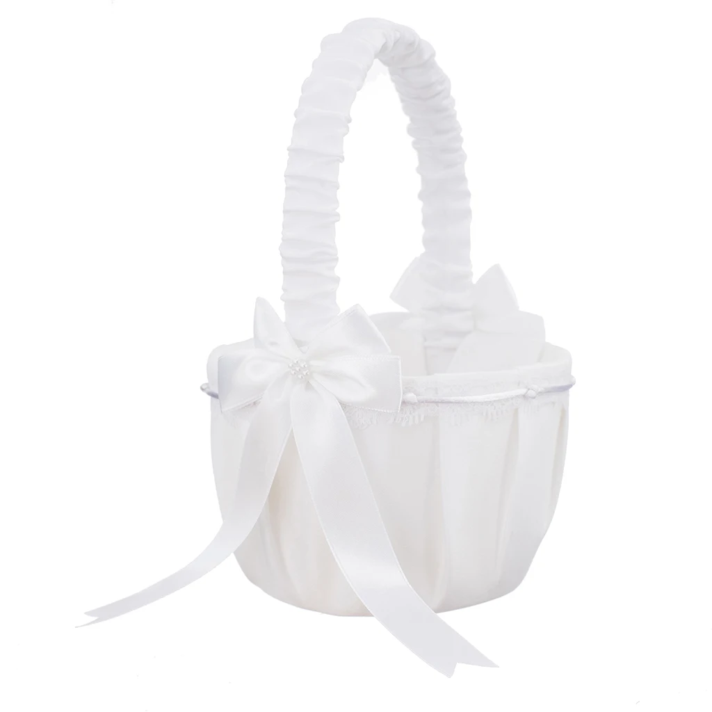 Elegant Wedding Flower Girl Basket White Cute Satin Holder Ring Pillow Flower Storage Basket for Party Wedding Decoration 