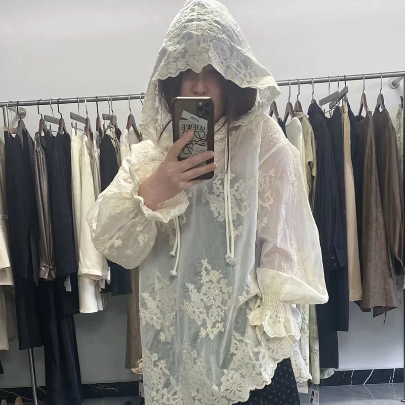 Fashion Lace See Through Shirts Sunscreen hooded shirt Woman Long Sleeve Slim Chinese Turtleneck white oversize Top for Women
