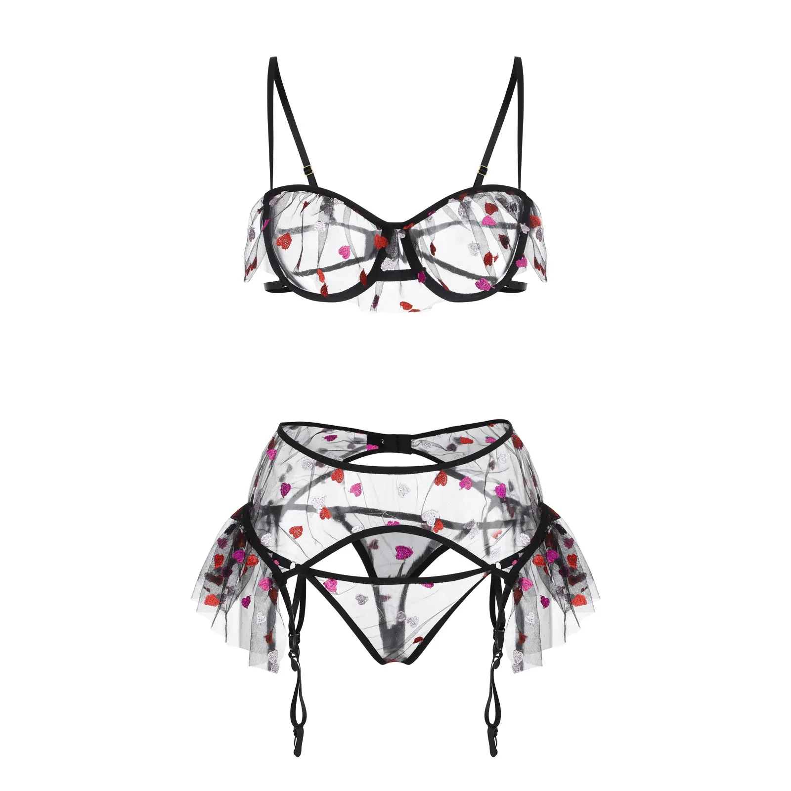 Sexy Lingerie Liefde Hartvormige Borduurbeha G-String String Kousenband Erotisch Ondergoed Set Vrouwen Mesh Perspectief Exotisch_voghion.com