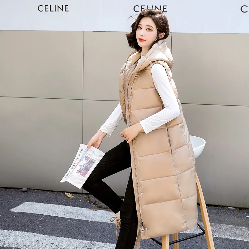 

Hooded Solid Winter X-Long Thick Vest Jacket for Women Casual Loose Down Cotton Waistcoat Quilted Zipper Sleeveless Cotton Vest
