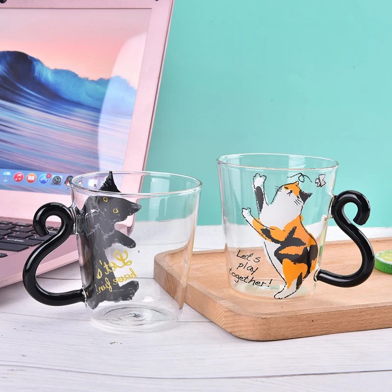 1PCS 250ml Cute Cat Glass Juice Coffee Cup Milk Tea Glass Mug Cat Tail Handle Valentine's Day Lover Gifts Stainless Spoon glass cup