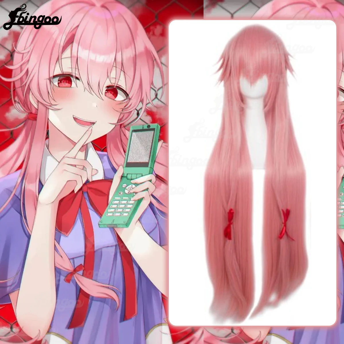 Ebingoo Synthetic Future Diary Yuno Gasai Cosplay Wig Long Pink Straight Women's Girl Heat Resistant Fiber Hair Wigs for Costume