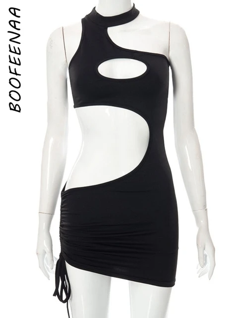 BOOFEENAA Irregular Cut Out Mini Bodycon Dress Summer Going Out Club Wear Sexy Outfits for Woman White Black Dresses C85-BI17 6