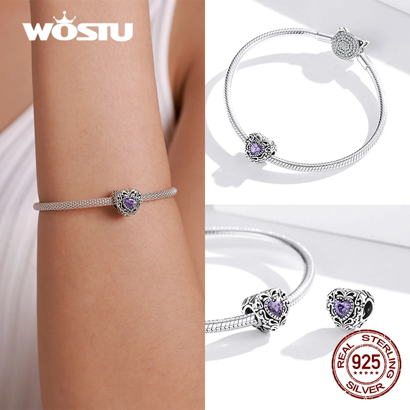 WOSTU 100% Real 925 Sterling Silver Pink Blue Colorful Crystal Radiant Round Charm Beaded Fit Original DIY Bracelet Jewelry Gift 4