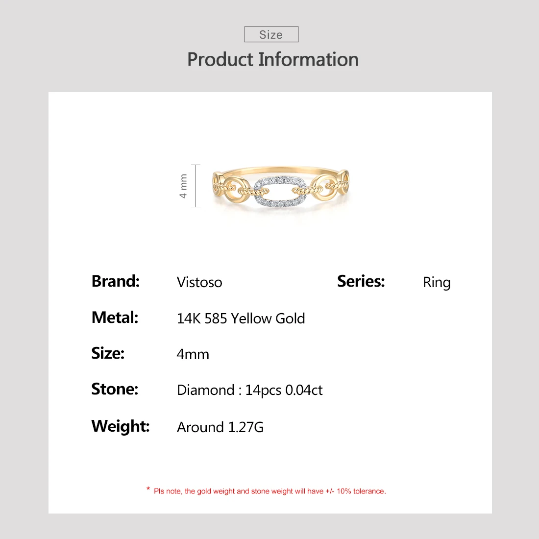 VISTOSO Pure 14K 585 Yellow Gold Ring For Women Sparkling Diamond Chain Link Stackable Concise Wedding Gift Chic Fine Jewelry 3