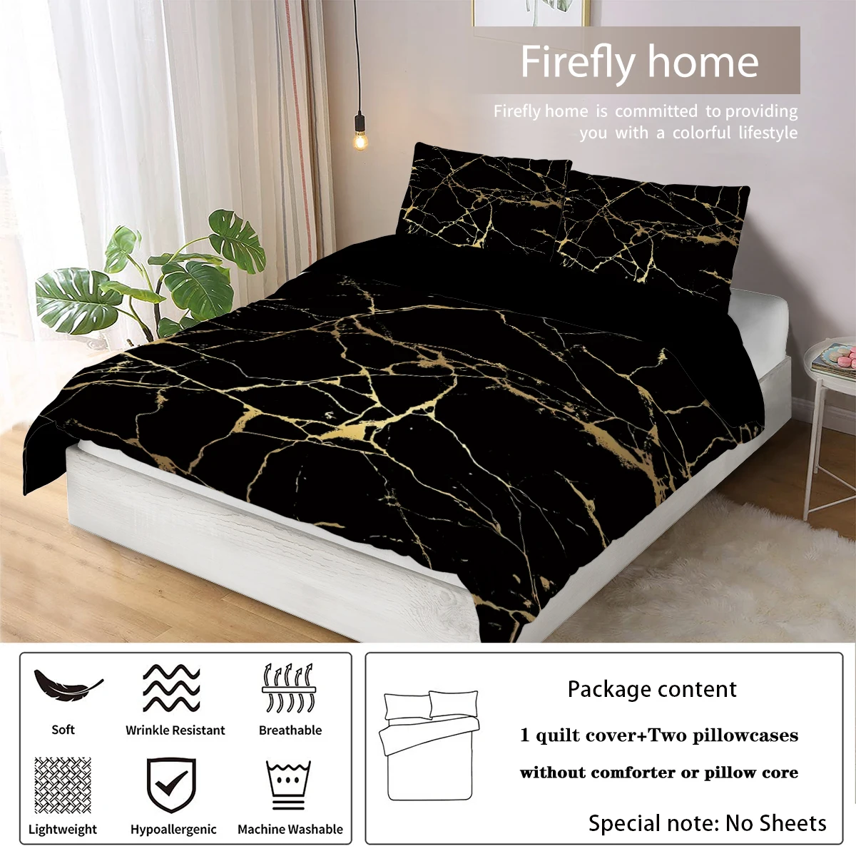 Description Picture 3 of item3pcs Bronzing Marble Grain Print Series Bedding Set,Soft Comfortable,For Bedroom,Guest Room (1*Duvet Cover+2*Pillowcase,No Core)