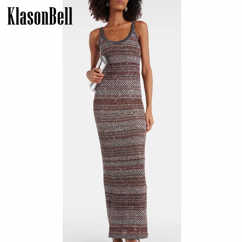 

5,8 KlasonBell темпераментное яркое шелковое жаккардовое пикантное тонкое вязаное длинное платье на бретелях-спагетти с открытой спиной