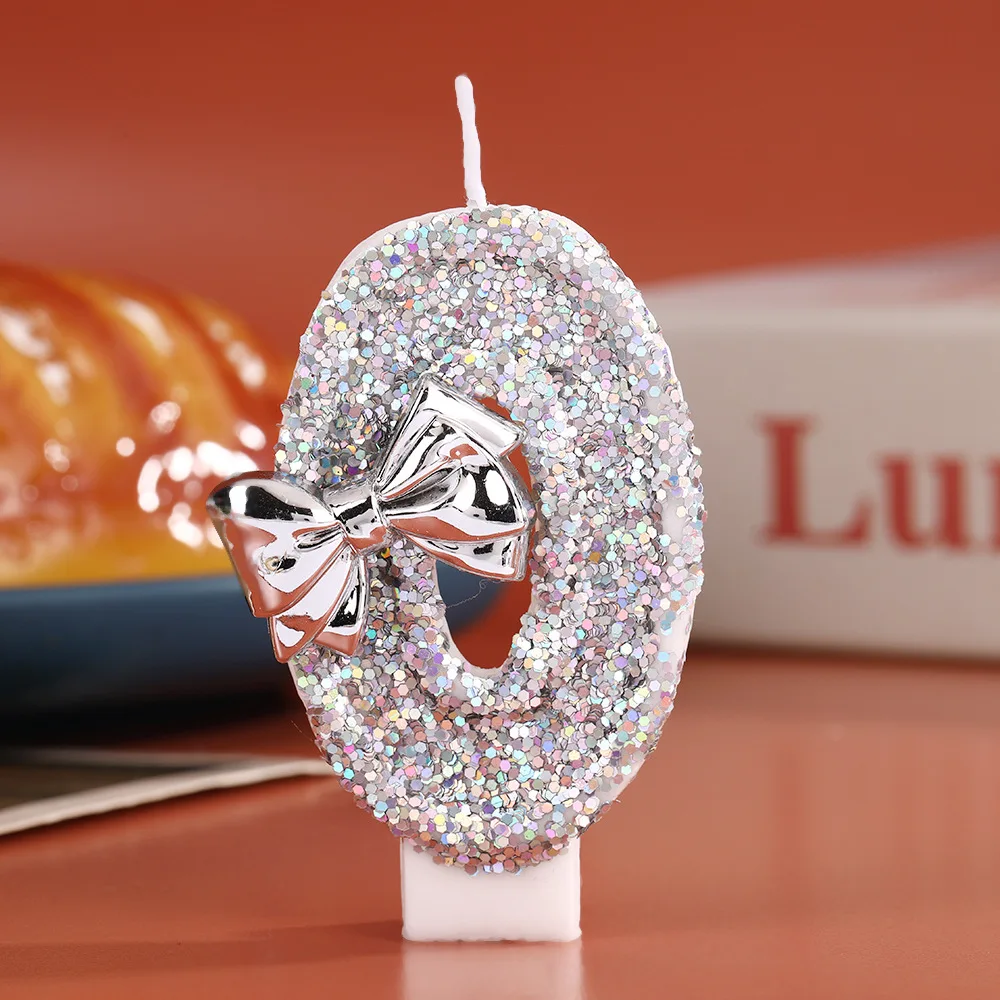 Creative 0-9 Number Candles with Silver Glitter Bow Birthday Cake Topper Decoration for Party Supplies