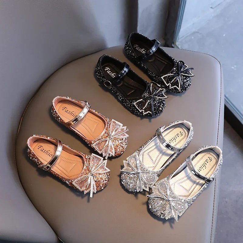 

Fashion Bow Sequins Cute Princess Shoes for Girls Flat Heel Silver Kids Leather Shoes Children Shoes Girls Party Free Shipping