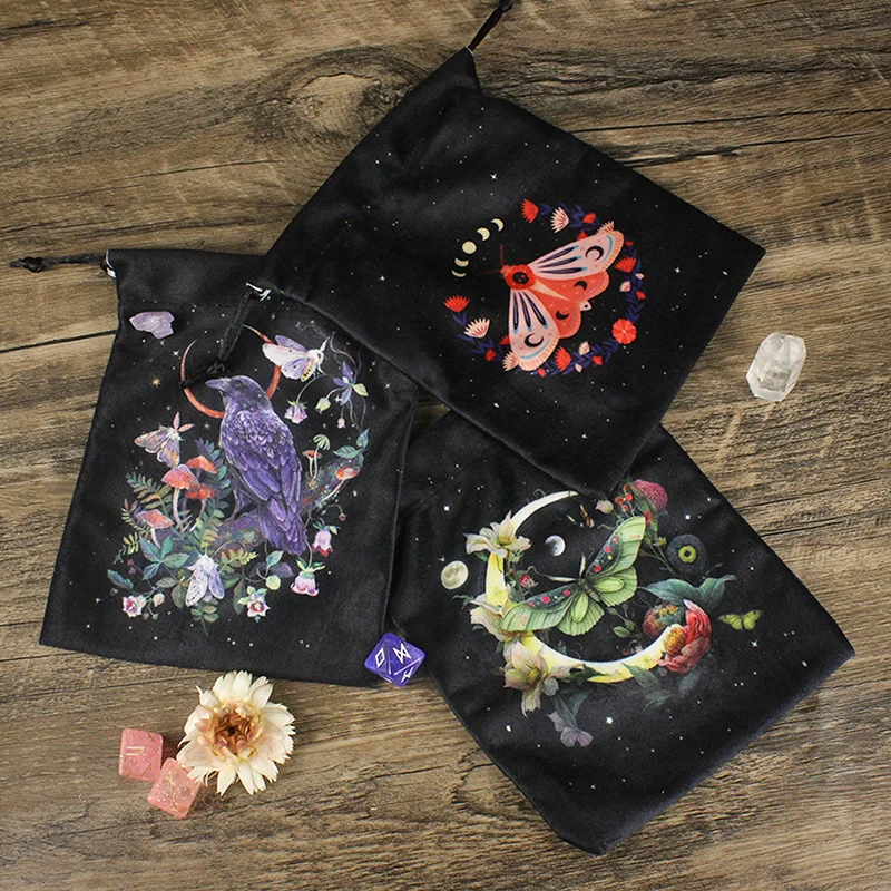 Velvet Tarot Bag Butterfly Printed Dice Bag Animal Crystal Stone Jewelry  Drawstring Fabric Pouch Tarot Cards Storage Bag Gift 3