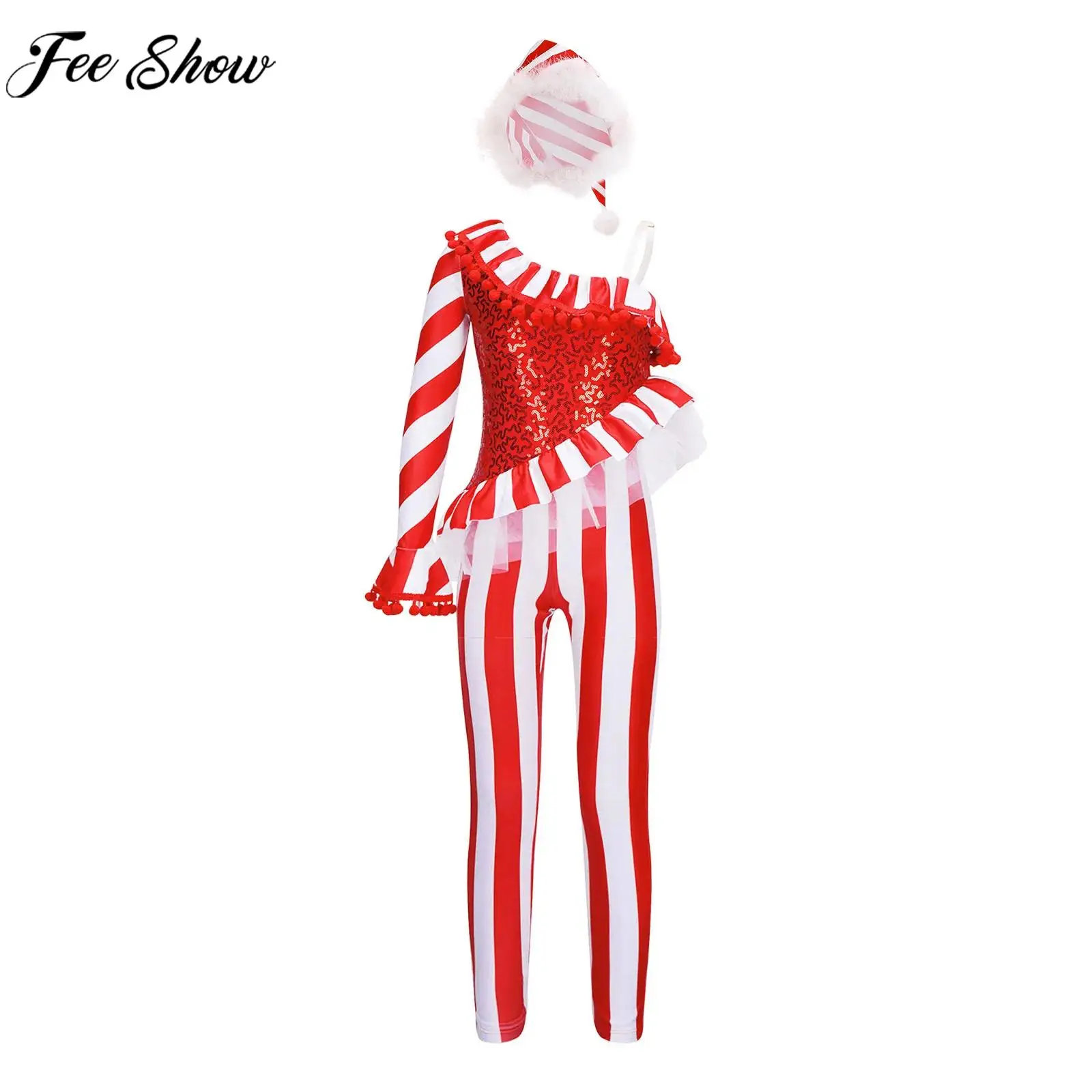 Kids Girls Christmas Body Babbo Natale Costume Cosplay Ballet Dance Ginnastica Body Candy Cane Tuta A Righe Con Cappello