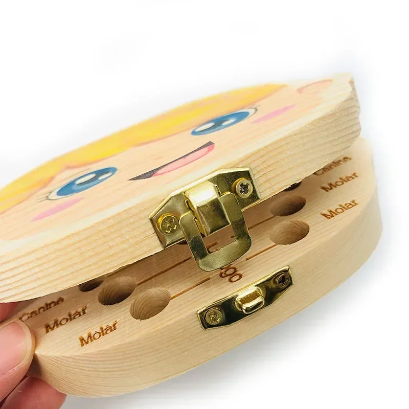 Spanish English Baby Wood Tooth Box Organizer Milk Teeth Storage Collect Teeth Umbilica Save Gifts Baby Tooth Box