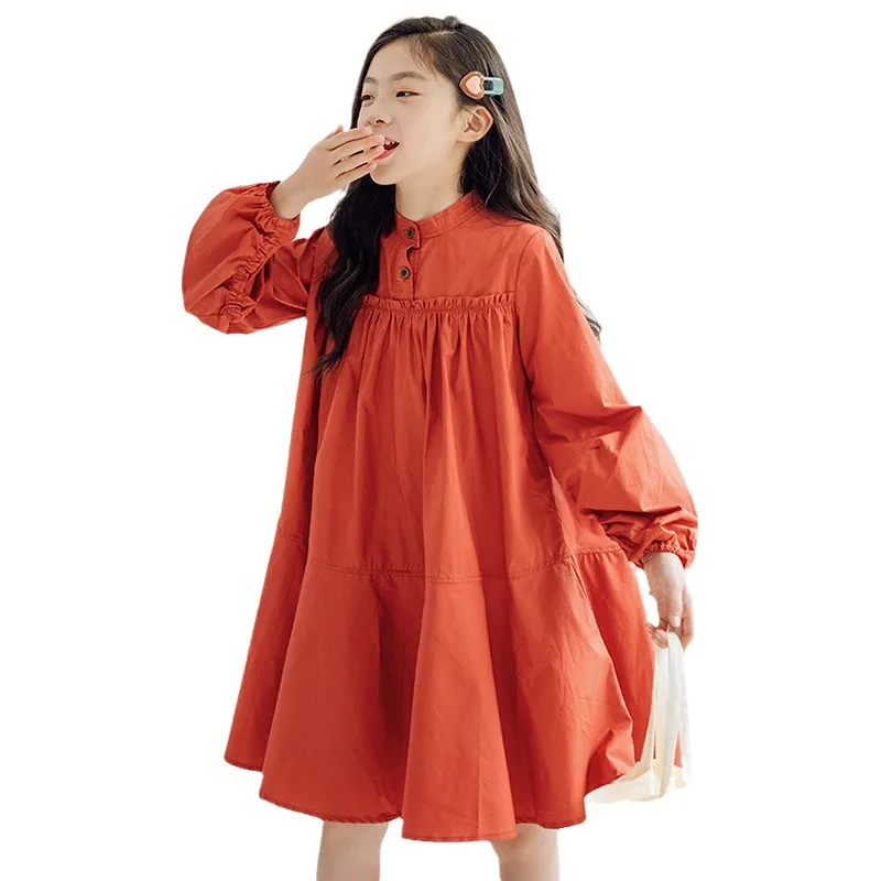 Long Sleeve Kids Dresses For Teenage Girls Autumn Cotton Princess Casual Loose Midi Dress Young Children Clothes 12 13 14 15 16Y