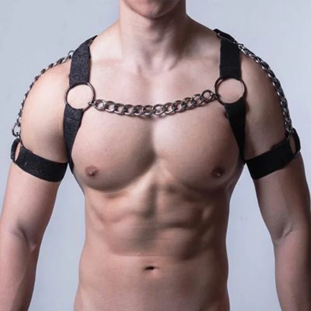 Men Sexy Punk Chest Harness Adjustable Caged Metal Body Chain PU Leather Choker Statement Necklace Party Clubwear