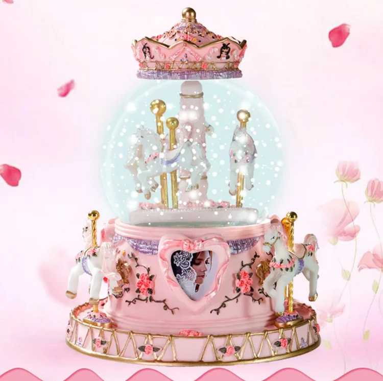 Carousel music box snow transparent white crystal ball resin material cartoon modeling Valentine's Day boys girls birthday gift