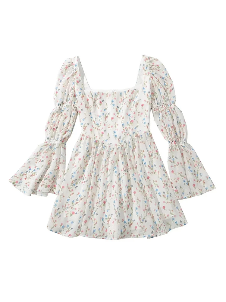 

Женское винтажное шифоновое мини-платье, элегантное белое платье с квадратным вырезом, длинным рукавом, высокой талией и цветочным принтом, лето 2024