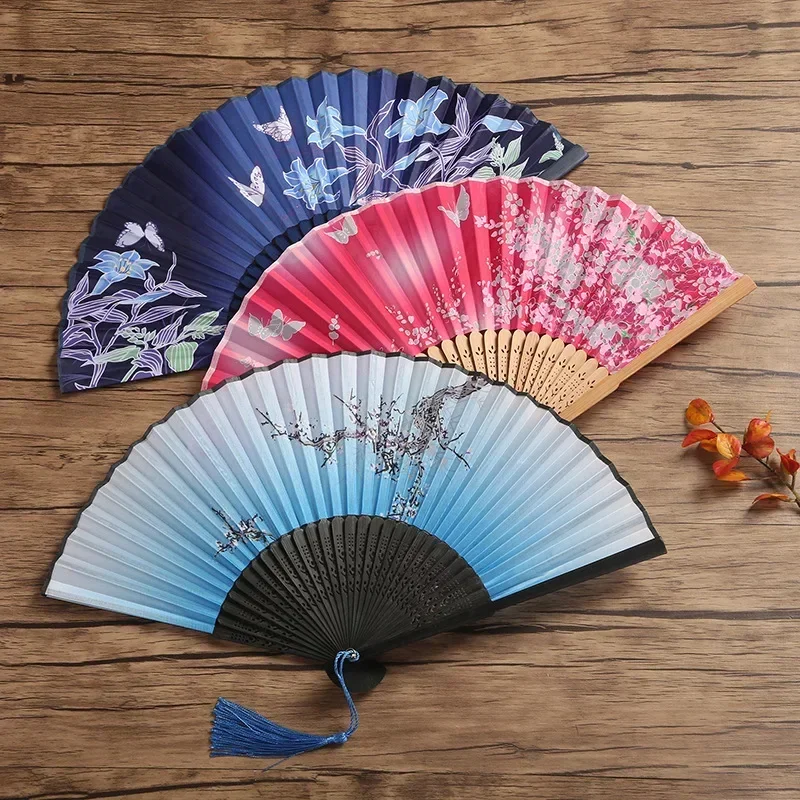 Bamboo Hand Folding Fan Antique Folding Fan Chinese Style Fan Summer Female Dance Portable Elegent Flower Hand Held Crafts