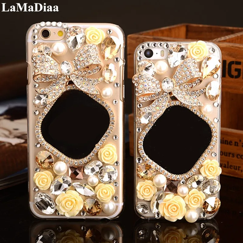 

Luxury Bling Crystal Diamond 3D Mirror Bowknot with Flower Phone Cover Case for Iphone 14 15 11 12 13 15ProMAX 7 8 X XR Xs Max