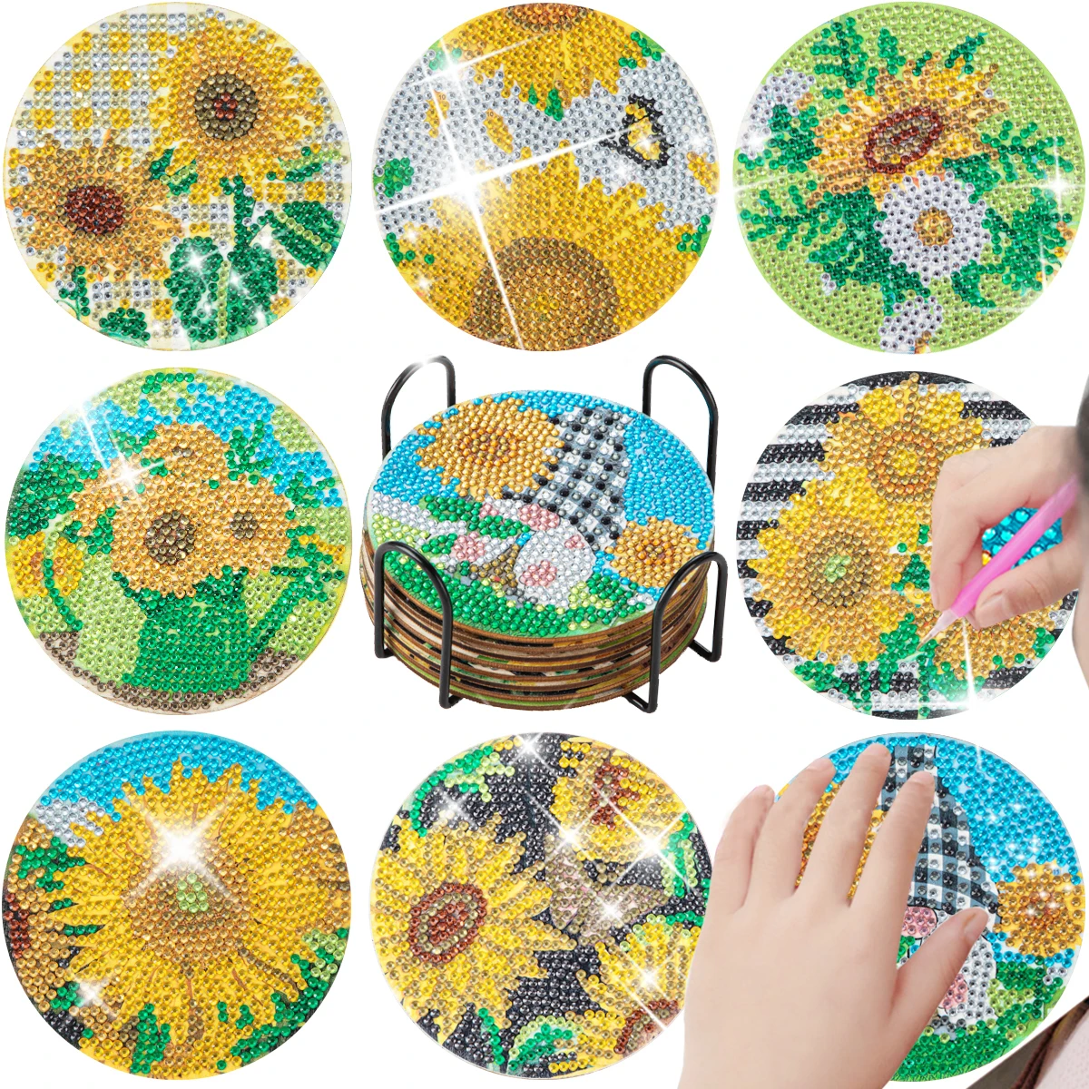Mandala Diamond Art Coaster Set - 8 Piece DIY Acrylic Round Coasters 5D Full Drill