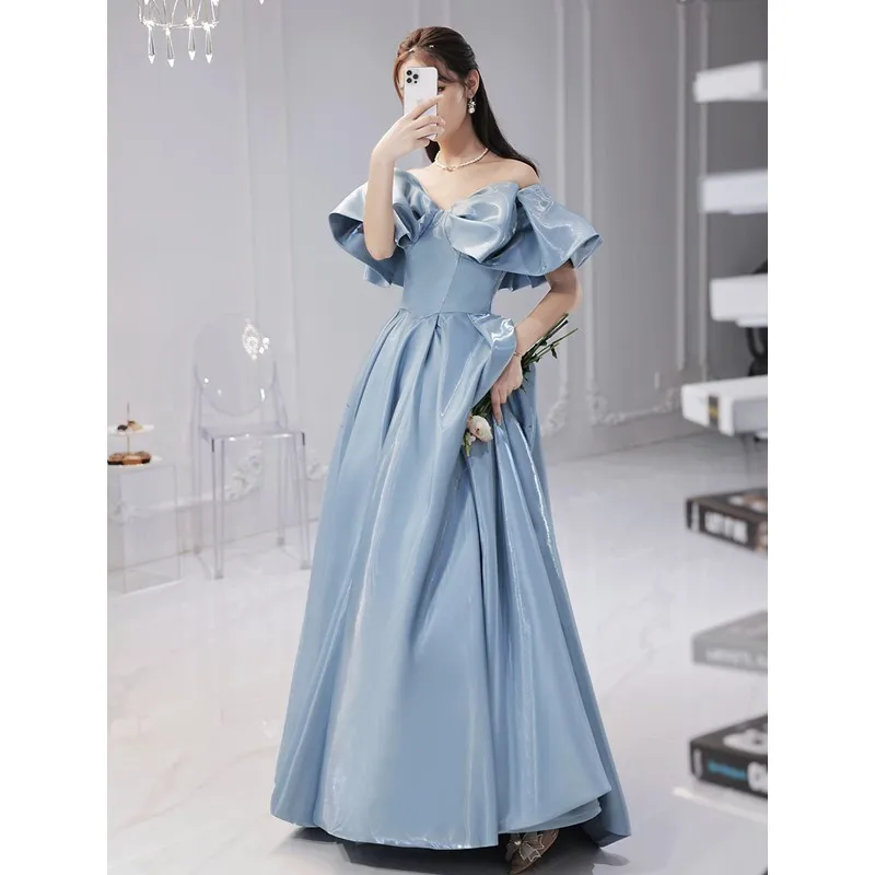 

Blue Cinderella Evening Dress Classic Off The Shoulder Bow Vestido Longo Festa Simple Elegant Long Robe De Soiree Ever Pretty