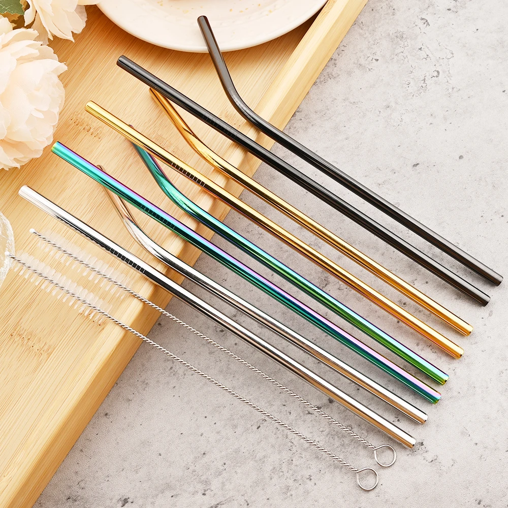 Reusable Metal Straws Set stainless steel straw metal straws metal straw set drinking straws With Cleaner Brush 304 Stainless Steel Drinking Straws Milk Juice Coffee Drinkware Bar Party Accessory