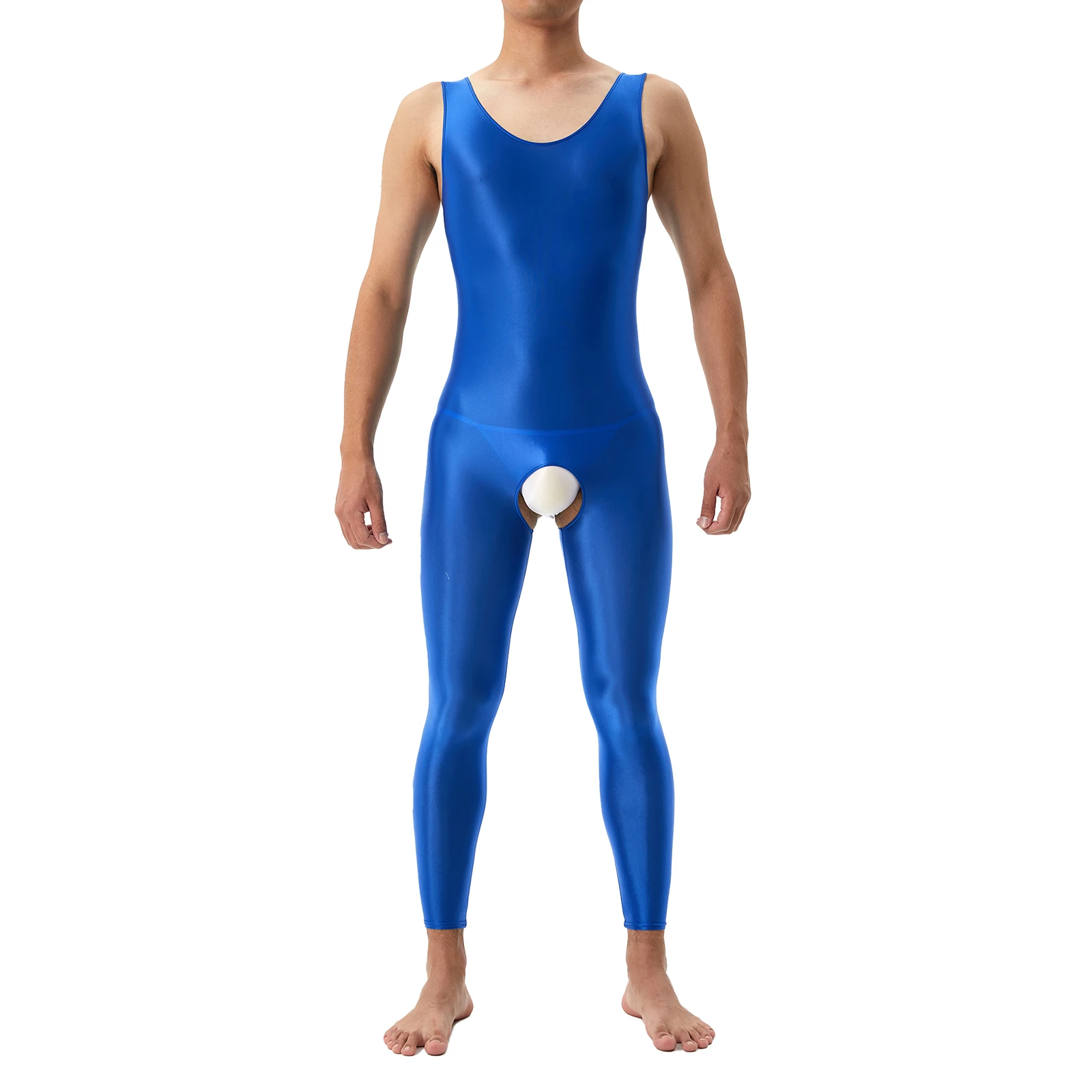 

Mens Open Crotch Jumpsuits Erotic Lingerie Sexy Glossy Satin Oil Sleeveless FullBody Stockings Bodysuit for Pool Party Nightclub