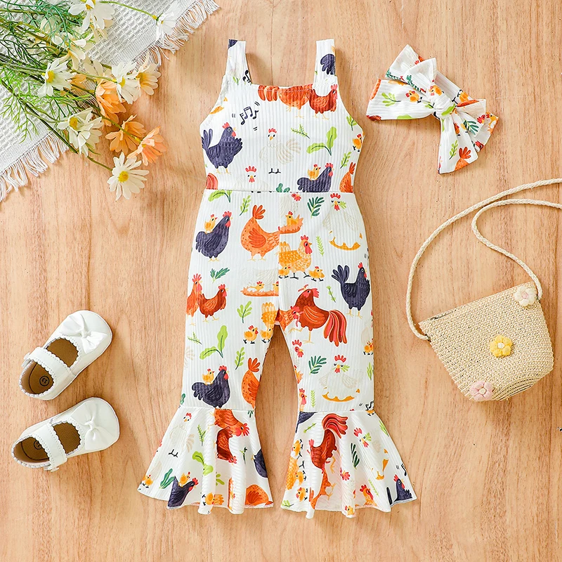 

2024-04-09 Lioraitiin Summer Toddler Girls Casual Jumpsuit Sleeveless Backless Pattern Print Flare Playsuit Headband Clothes