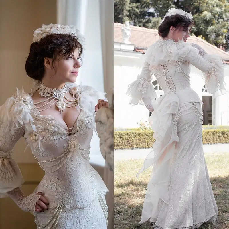 VintageVictorianMermaidWeddingDressLongSleeveRuffleGothic