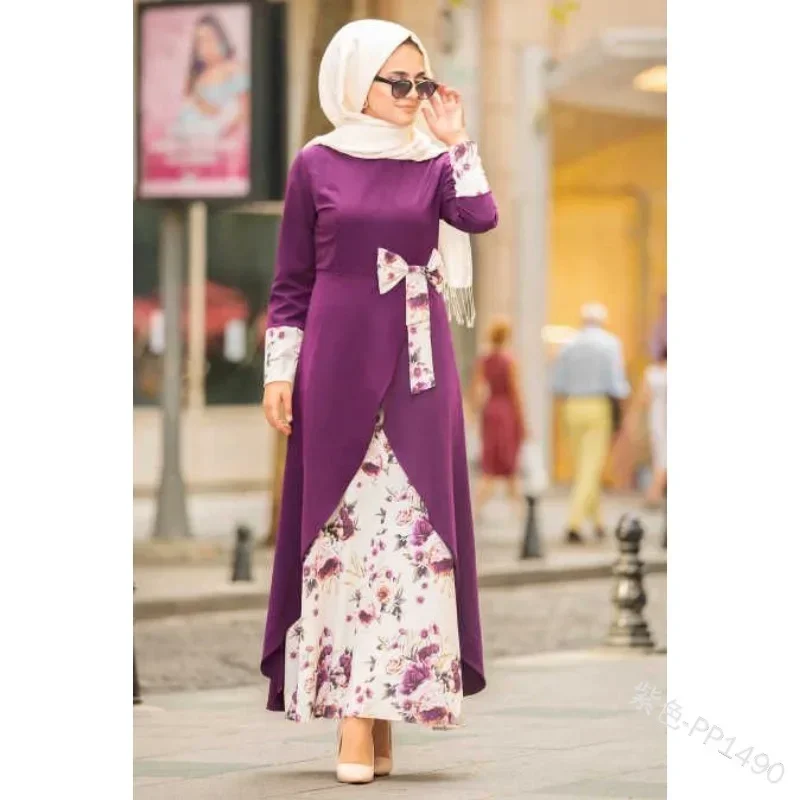 WEPBEL Muslim Dress Women O Neck Full Sleeve Casual Autumn Floral Bow Abaya Islamic Lady Elegant Maxi Dresses